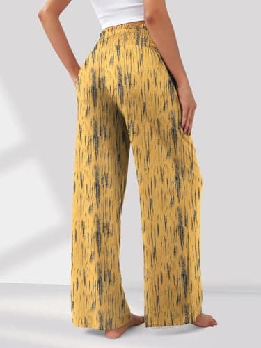 GEMLON Womens Wide Leg Pants High Waisted Palazzo Pants Summer Flowy Lounge Boho Pants with Pockets Yellow Print M - Thumbnail 2