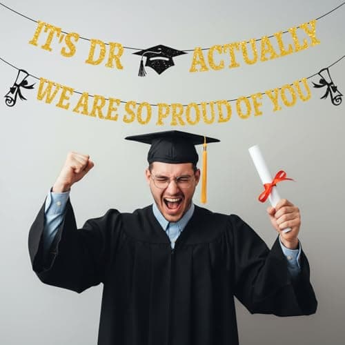 Lednica It’s Dr Actually Banner, Class of 2026 Congrats Doctor Graduation Hanging Decorations, Black Gold Doctorate Degree Grad Party Supplies & Decor, We're So Proud of You Photo Props - Thumbnail 3