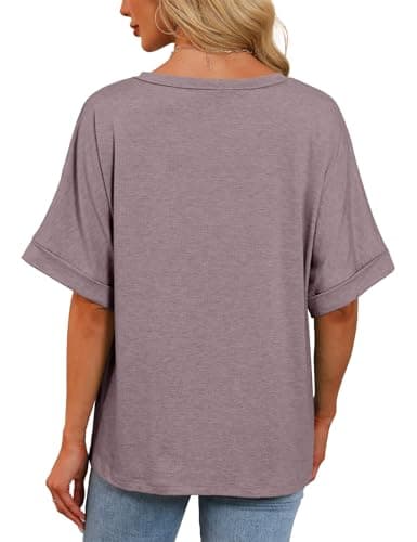 Womens Oversized T Shirts V Neck Loose Fit Shirts Short Sleeve Summer Casual Tops 2025 Trendy Blouses Y2K Plain Tees Gray Purple XL - Thumbnail 4