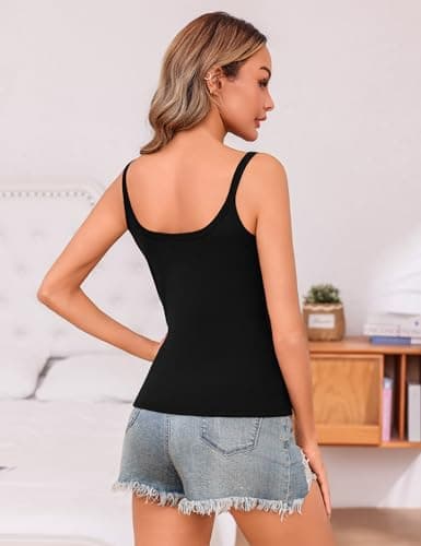 Totatuit Women Sexy Scoop Neck Camisole Ribbed Tank Top for Woman Workout Fitted Work Layering Tops for Casual Business Basic Undershirts Summer Beachwear Black X-Large - Thumbnail 3