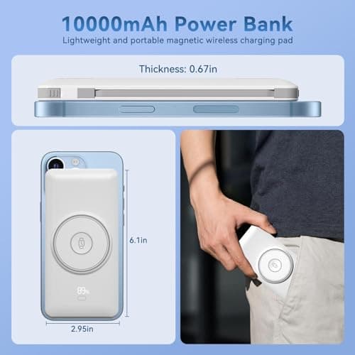 Magnetic 10000mAh Portable Charger for iWatch & iPhone, 22.5W USB C Fast Charging Wireless Power Bank Built-in Cables and Wall Plug, External Travel Battery Pack Compatible with iOS Android Devices - Thumbnail 5