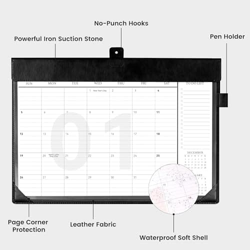FLYING EAGLE Desk Calendar 2026, Jan 2026-Dec 2026, Large Desk Calendar with To-Do Lists, 12 Months Leather Desk Pad Wall Calendar with PVC Cover for Work Office School Home Women Men, 17 x 12, Black - Thumbnail 2