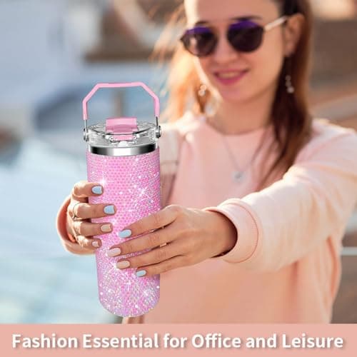 30oz Bling Rhinestone Studded Tumbler with Top Handle, Bling Cups Stainless Steel Water Bottle Diamond Glitter Tumbler for Women - Birthday Gifts for Women, Mom,Get Well Soon Gifts (Pink) - Thumbnail 6