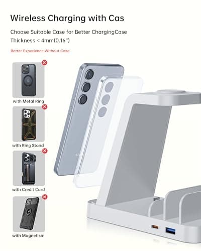 Samsung Charging Station, 5 in 1 Wireless Charger for Galaxy S25 S24 Ultra S23 S22 S21, Charger Dock Stand for Galaxy Watch Ultra 7 6 5 4 3, Android Charging Station for All USB-C Buds, White - Thumbnail 4