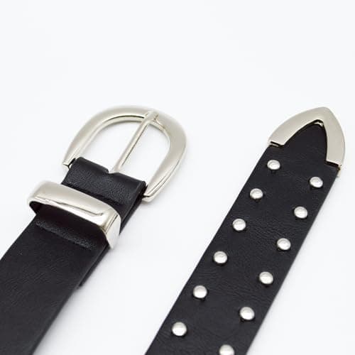 EONTISO Women Studded Leather Belt for Jeans, Punk Fashion Silver Rivets, Western Studded Black S - Thumbnail 3