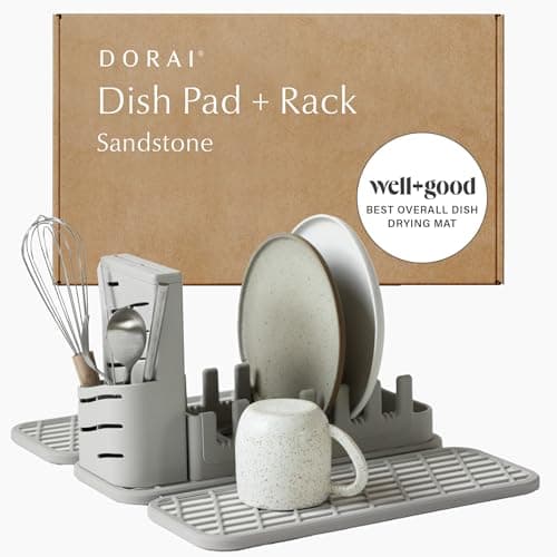 Dorai Home Collapsible Dish Drying Rack and Stone Pad – Foldable Rack with Instant - Dry Stone Mat – Space-Saving Dish Drainer for Kitchen Counter -19.9" x 15.2" (Sandstone) - Image 1