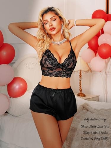 Rigeri Sexy Lingerie For Women Satin Pajama Lace Cami Short Pj Black XL - Thumbnail 2