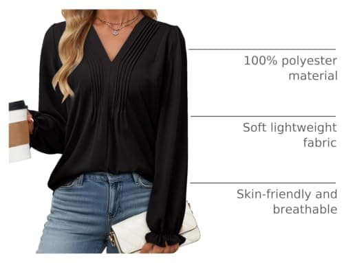 Dokotoo Womens Blouse Casual Basic Pleated Tops Long Puff Sleeve Fall Blouses Sexy V-Neck Loose Fit Black Shirt for Women 2026 Fashion Business Outifits Medium - Thumbnail 4