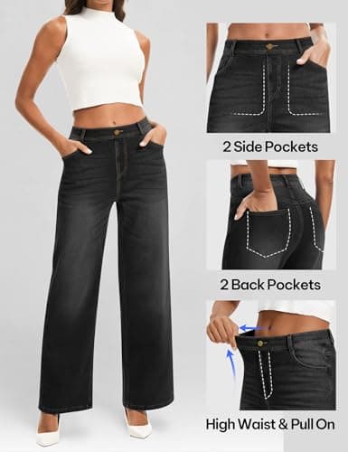 AVAMO Wide Leg Jeans Woman Stretchy Pull on Sweatpant Jeans for Women Elastic High Waisted Straight Leg Baggy Denim Pants Dark Grey - Thumbnail 3
