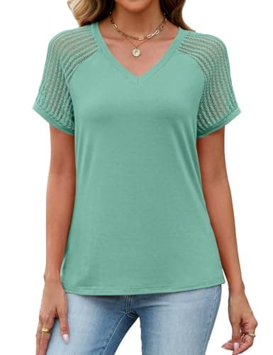 JUSTFASHIONNOW Short Sleeve Blouses for Women Cute Summer Tops Dressy Casual V Neck Tshirts 2026 Trendy Spring Clothes（Cadet Blue,Small - Thumbnail 5