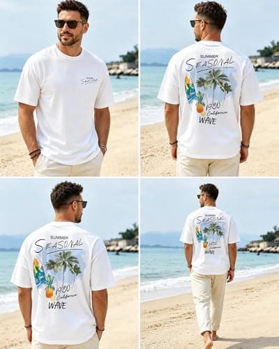 Mens Graphic T-Shirts Short Sleeve Surf Print Summer Top Crewneck Cotton Casual WAVERIDER Tees for Men - Thumbnail 5