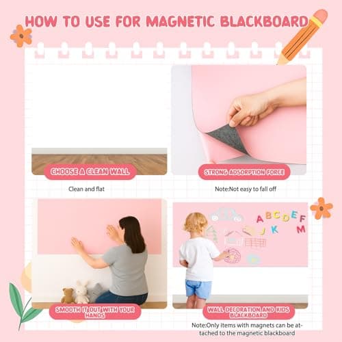 Magnetic Chalkboard Wall Decal For Kids,Upgraded Thickened Magnetic Chalkboard for Wall,Suitable for Home Decoration Wallpaper and Children's Game Room,School (Pink, 16x40 Inch) - Thumbnail 6