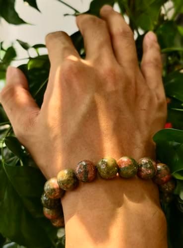FUDIDU Unakite Bracelet for Men & Women Approximately 7-1/2 inch Adjustable, Green and Peach 1/2 Inch Beaded Bracelet Natural Stone for Grounding, Harmony & Emotional Healing Gifts for Love Yoga 12MM - Thumbnail 5