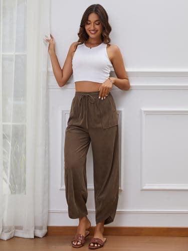 grewley Corduroy Pants for Women Casual Wide Leg Pants Womens Brown Trousers Baggy Drawstring Fall Pants Brown M - Thumbnail 5