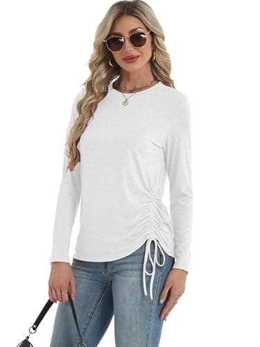 AIZHINENG Womens Long Sleeve Shirts Crewneck Tops Casual Fall Spring Trendy T-Shirts Outfits Clothes 2025 White - Thumbnail 3