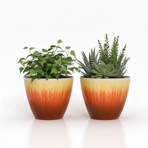 LESOASIS 8 inch Plant Pots Pack of 2, Plastic Flower Pots Flower Pots, Modern Glossy Finishing Planter for Indoor Outdoor Plants (Orange Glaze) - Image 1