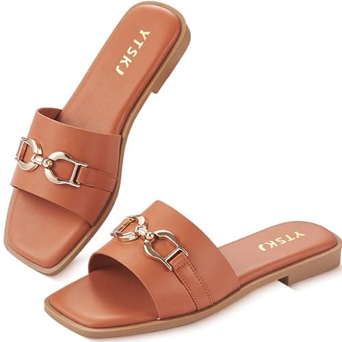 YTSKJ Sandals for Women 2026 Square Open Toe Fashion Slides Women Dressy Summer Flat Beach Cute Ladies Faux Leather Casual Shoes with Golden Chain Brown Size 10 - Image 1