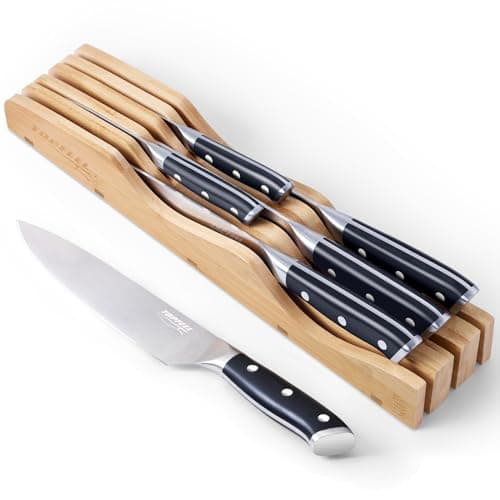 Topfeel 6Pcs Kitchen Knife Set with In-Drawer Bamboo Knife Organizer- 3.5-8 Inch Set Kitchen Knives German High Carbon Stainless Steel Sharp Knife, Knives Set for Kitchen with Ergonomic Handle - Image 1