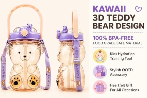 DegoCython Bear cup, 31.5 Ounce BPA-Free Food Grade Plastic Cup, Drop-Resistant Leak-Proof Dual Seal, Removable Straw with Portable Handle, Adjustable Strap for Kids Daily Use, School & Travel - Thumbnail 2