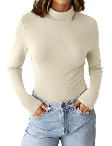 GKBK Womens Long Sleeve Shirts Mock Turtleneck Turtle Neck Fall Fashion Basic Thermal Underwear Layer Tops Tight Slim Fit Cute Ribbed T-Shirts Winter Pullover Clothes 2025 Beige L - Thumbnail 2