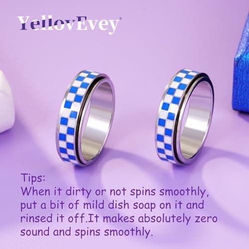 YellovEvey Fidget Spinner Checkered Anxiety Ring - Stainless Steel Silver Rings for Women, Adult Fidget Toys & Stocking Stuffers, Chessboard Anti-Anxiety Jewelry for Women Silver Size 8 Ring - Thumbnail 3