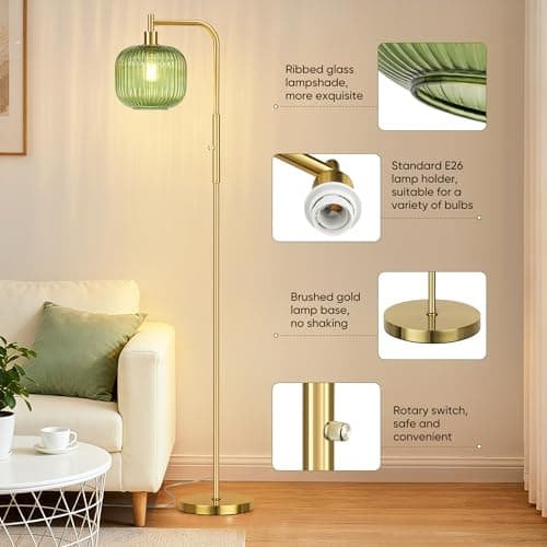 QiMH Glass Floor Lamp for Living Room, Modern Standing Lamp with Green Ribbed Glass Lampshade, Stepless Dimmable Rotary Switch, 67” Tall Lamp for Bedroom Home Decor, Brushed Gold - Thumbnail 5