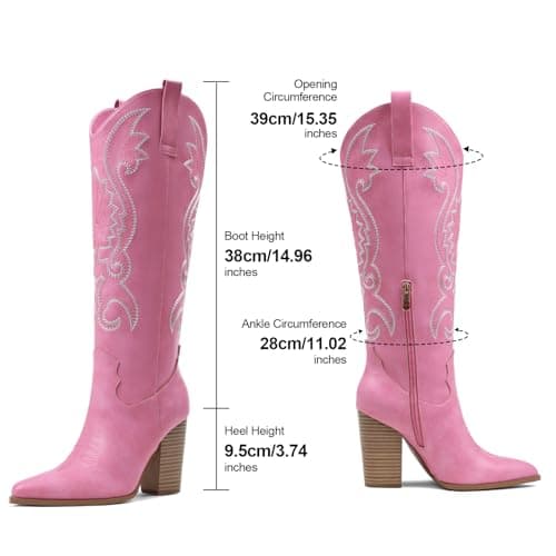 VOMIRA Womens Cowboy Boots Pointed Toe Embroidered Pink Cowboy Boots Chunky High Heel Western Boots Knee High Cowgirl Boots Women Bridal Wedding - Thumbnail 6