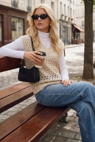 Arach&Cloz Women's Cashmere Wool Blend Hollow Out V Neck Dressy Casual Sweater Vests Beige S - Thumbnail 6