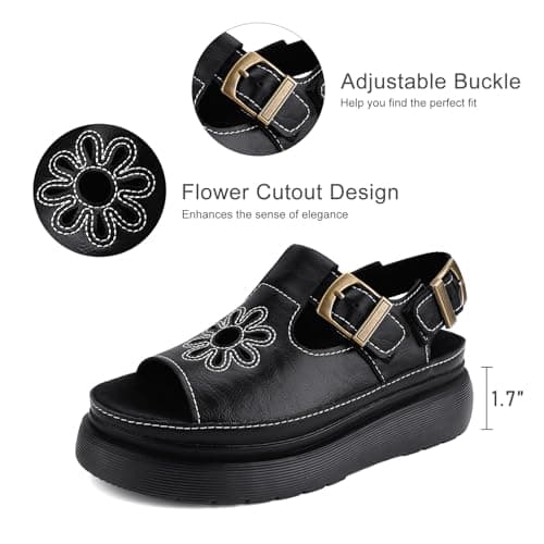QIV Black Flower Platform Sandals for Women – Open Round Toe T-Strap with Adjustable Buckle – Summer Comfort Walking Shoes in Fisherman Style Size 6.5 - Thumbnail 4