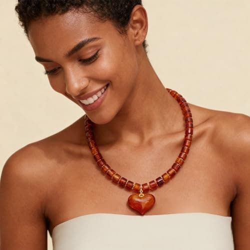 SHANTYSON Amber Chunky Heart Penadnt Necklace for Women Exaggerated Statement Puff Heart Necklaces Acrylic Beaded Chain Jewelry Gift - Thumbnail 2