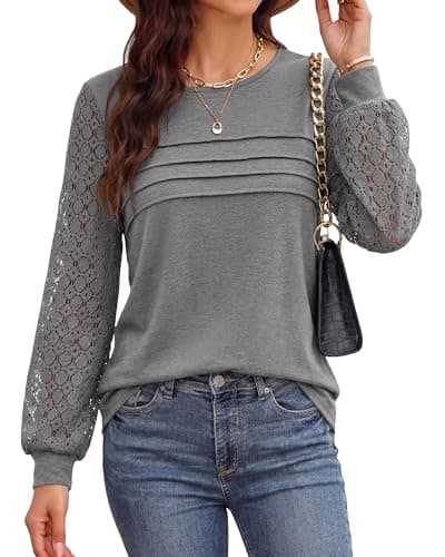 BTFBM Women's Long Sleeve Shirts Dressy Lace Fall Tops 2026 Trendy Business Casual T-Shirts Cute Work Outfits Blouses(Grey, Large) - Thumbnail 4