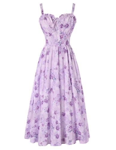 Scarlet Darkness Summer Dresses for Women 2026 Floral Corset Dress Long Milkmaid Dress with Pocket Purple Rose S - Image 1