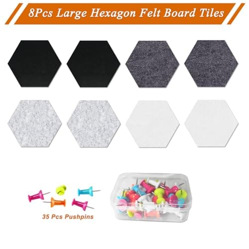 HULAVO Large Hexagon Felt Cork Board Tiles, Self Adhesive DIY Felt Bulletin Board Pin Board with 35 Pushpins for Office School Home Wall Decor(Black+Deep Grey+Light Grey) - Thumbnail 5