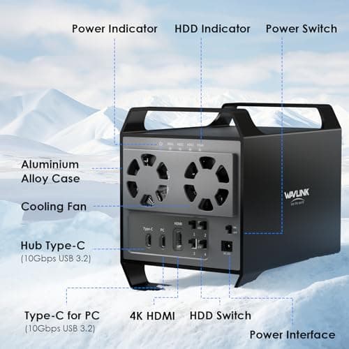 WAVLINK 4-Bay Hard Drive Enclosure for 3.5" and 2.5'' SATA HDD/SSD Featuring 10Gbps USB-C 3.2, Max 128TB Capacity, Built-in Temp-Controlled Cooling Fans, 4K HDMI Stunning Video Output, Aluminum Shell - Thumbnail 2