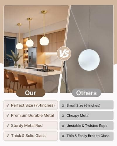 Majade Globe Pendant Lights Mid Century Modern Kitchen Island Pendant Light Fixtures 7.4 Inch Gold Brass Pendant Lighting with Milk Glass Adjustable Hanging Light Fixtures for Dining Room(2 Pack) - Thumbnail 5
