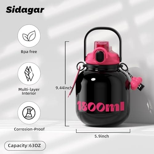 Sidagar 60 oz Big Gallon Water Bottle with Straw and Carry Handle, Black Wide Mouth Vacuum Water Jug, Insulated Stainless Steel Bottles; Heavy-Duty Aesthetic Yoga Flask for Women, Sweet & Cool Black - Thumbnail 2