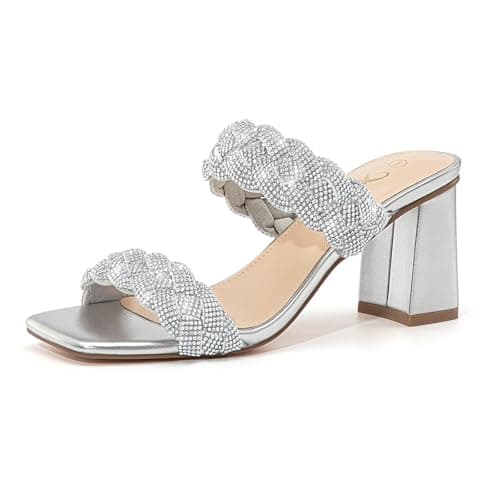 Athlefit Women's Braided Heels Square Toe Strappy Braided Sandals Slides Slip On Woven Block Silver Heels Size 6.5 - Image 1
