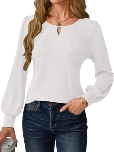 GKBK Women's Long Puff Sleeve Tops Dressy Business Casual Blouses Basic Loose Fit V Neck Work Shirt Pleated Keyhole 2025 Fall Winter Clothes Going Out Outfits White Large - Thumbnail 3