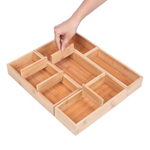 Bamboo Drawer Organizers Set with Removable Dividers, 5PCS Adjustable Multi-Use Wood Storage Organizers(5-9 Grids), Desk Drawer Tray for Bathroom, Office, Dresser, Storage Box for Jewelry, Makeup - Image 1