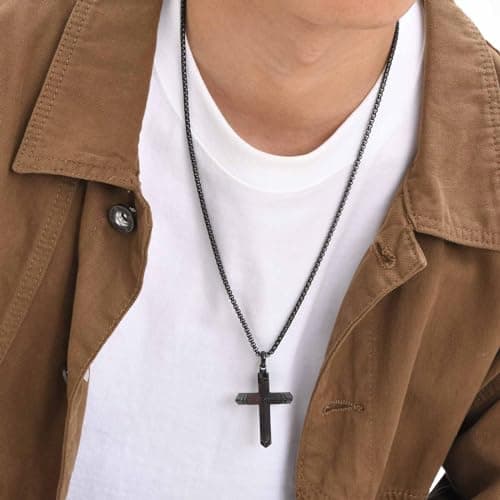 Wooden Cross Necklace for Men-Hawaiian Real Handmade Ebony Wood Cross Pendant Necklace Stainless Steel Chain, Mens Brown Cross Necklaces Koa Wood Jewelry Christian Baptism Crucifix Pendant for Men - Thumbnail 3