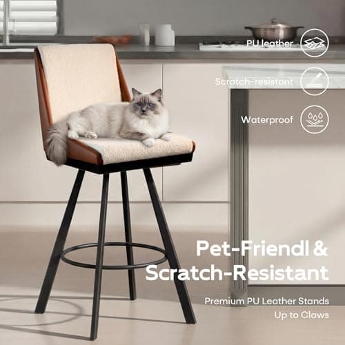 Ollega Bar Stools Set of 4, 26" Counter Height Bar Stools, Upholstered Swivel Barstools with Backs, Loop Yarn Fabric&Pu Leather, Metal Legs for Kitchen Island, Beige&Brown - Thumbnail 3