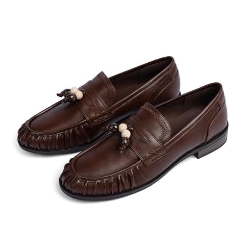 VIUGJNEX Flats Shoes Women Dressy Comfortable Dark Brown Penny Loafers for Women Ruched Toe Womens Moccasins Beaded Slip on Leather Loafers Womens Office Cusal Walking Shoes Size 6.5 - Thumbnail 4