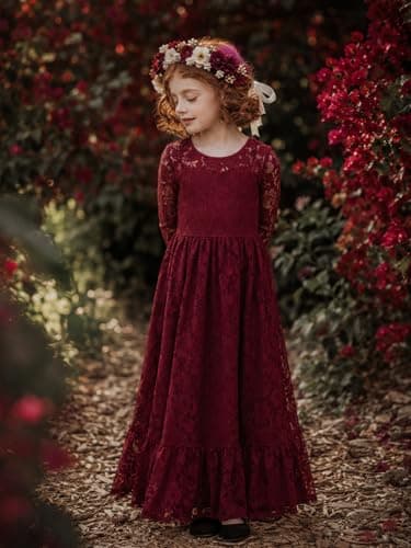 ALLOVIN Toddler & Girls Long Sleeve Lace Flower Girl Dress Maxi Boho A-Line Dress for Wedding Baptism 1st Communion | Burgundy | 6-7Y - Thumbnail 3