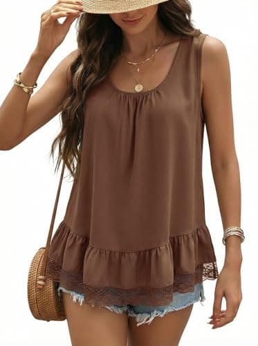 Dokotoo Summer Womens Tank Tops Lightweight Sleeveless Casual Tops for Women Loose Fit Lace Trim Camisole Top Summer Daily Wear Boho Outfits Beach Vacation Outfits Casual Brown Tank Top L - Image 1