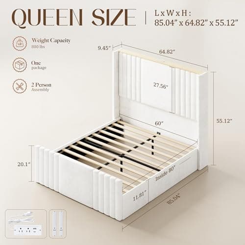 Uteeran Queen Bed Frame with 55.1" Tall Headboard, Velvet Upholstered Platform Bed with Channel Tufted Wingback, 2 Reading Lights/Storage Shelf/Charging Station/Easy Assembly/Noise-Free, Cream - Thumbnail 2