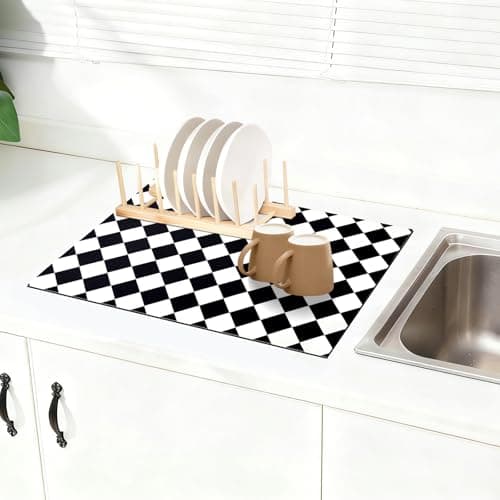 Checkered Dish Drying Mat for Kitchen Counter 24x16 Inch, Super Absorbent Microfiber Resistant Mat, Reusable Place Mats,Aesthetic Coffee Car Accessories,Office Desk Pad Protector,Kitchen Mat