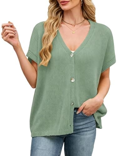 SunnyMelody Womens Oversized Cardigan Sweaters for Women Fall Spring Summer 2026 Trendy Short Sleeve Light Weight Cozy Soft Sheer Knit V Neck Button Cap Sleeves Cardigans Sage Green S - Image 1