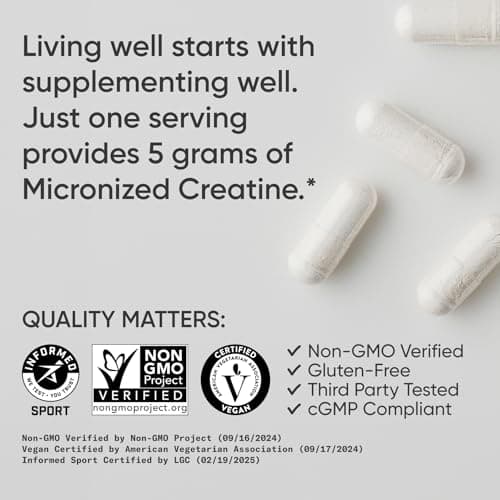 Sports Research® Creatine Monohydrate Capsules - Supports Workout Recovery, Lean Muscle gain, Performance and Strength* - Non-GMO, Vegan Certified - 5g per Servings - 30 Servings - Thumbnail 4