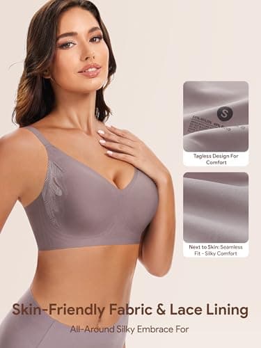 Angelhood Bra for Women No Underwire Seamless Full Coverage Bralettes Lace Edge Ultra Comfort Support T-Shirt Bra Push Up Coffee - Thumbnail 5