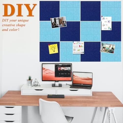 HULAVO Large Square Felt Cork Board Tiles, Self Adhesive DIY Felt Bulletin Board with 35 Pushpins for Office School Home Wall Decor Stickers Memos (Dark Blue & Sky Blue) - Thumbnail 3